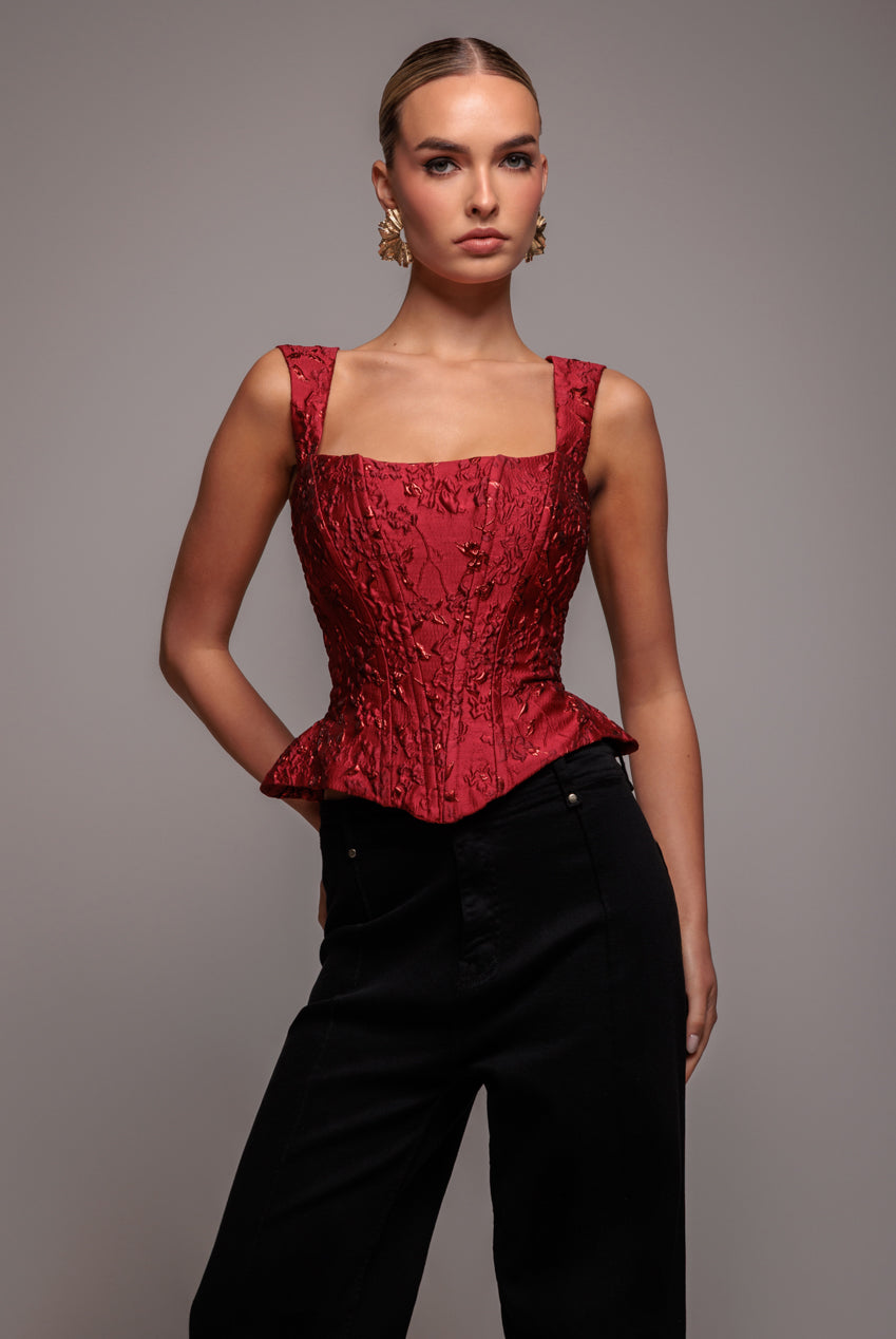 Sleeveless Jacquard Lace Up Back Corset - Red T265
