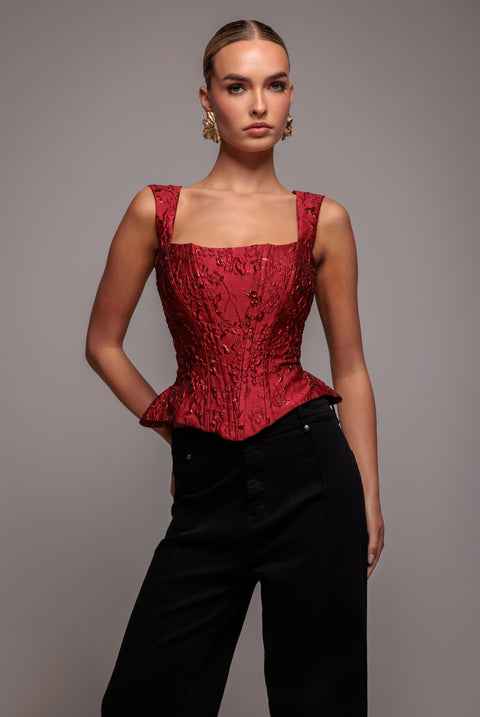 Sleeveless Jacquard Lace Up Back Corset - Red by Goddiva