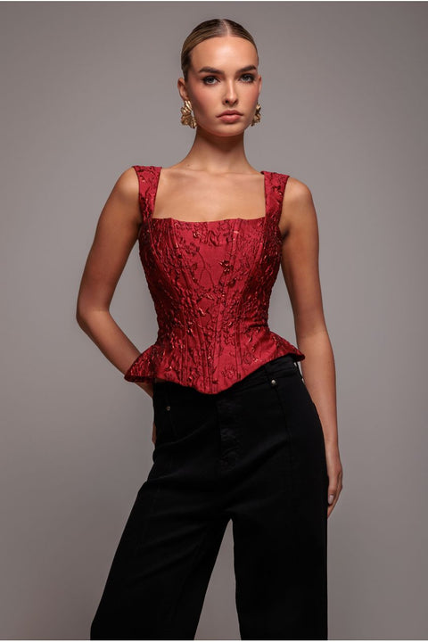 Sleeveless Jacquard Lace Up Back Corset - Red by Goddiva