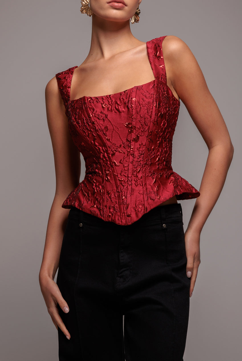 Sleeveless Jacquard Lace Up Back Corset - Red T265
