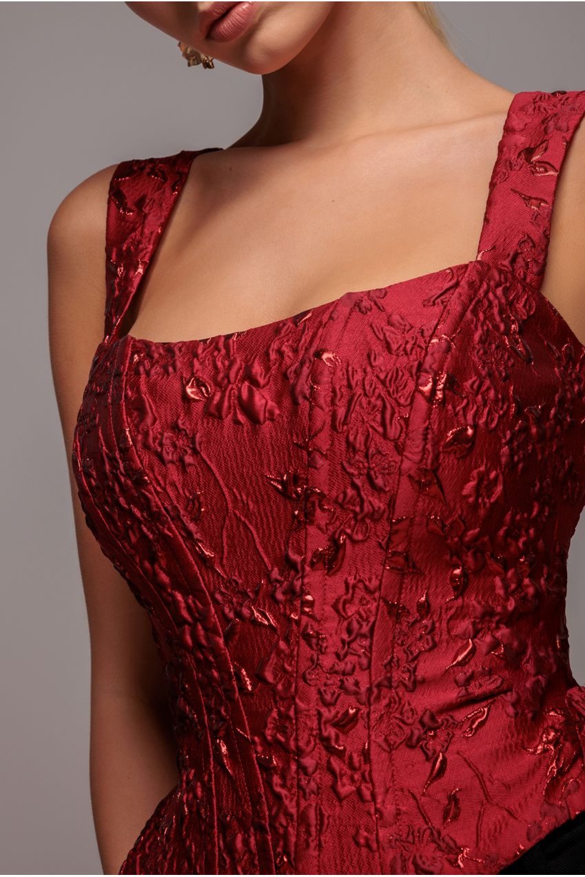 Sleeveless Jacquard Lace Up Back Corset - Red T265