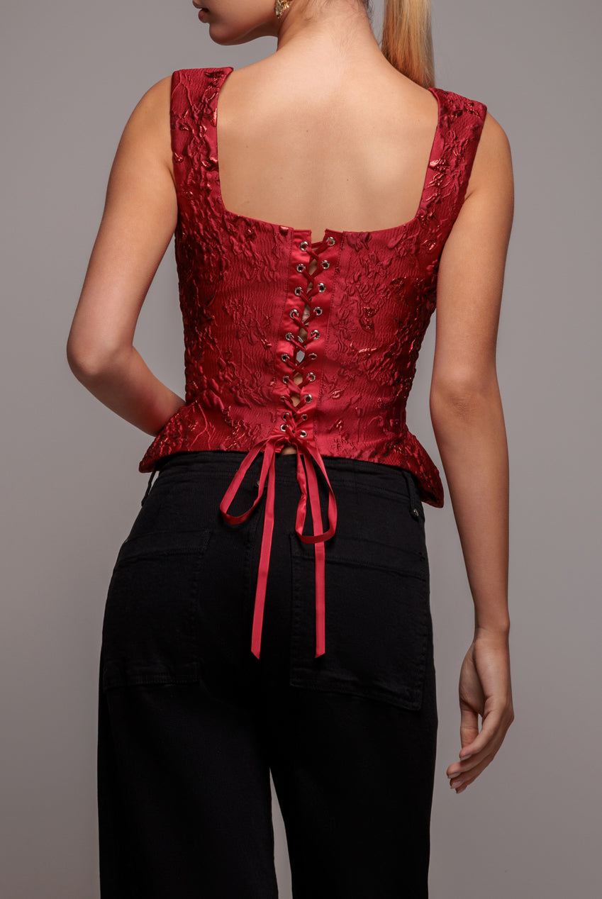 Sleeveless Jacquard Lace Up Back Corset - Red T265