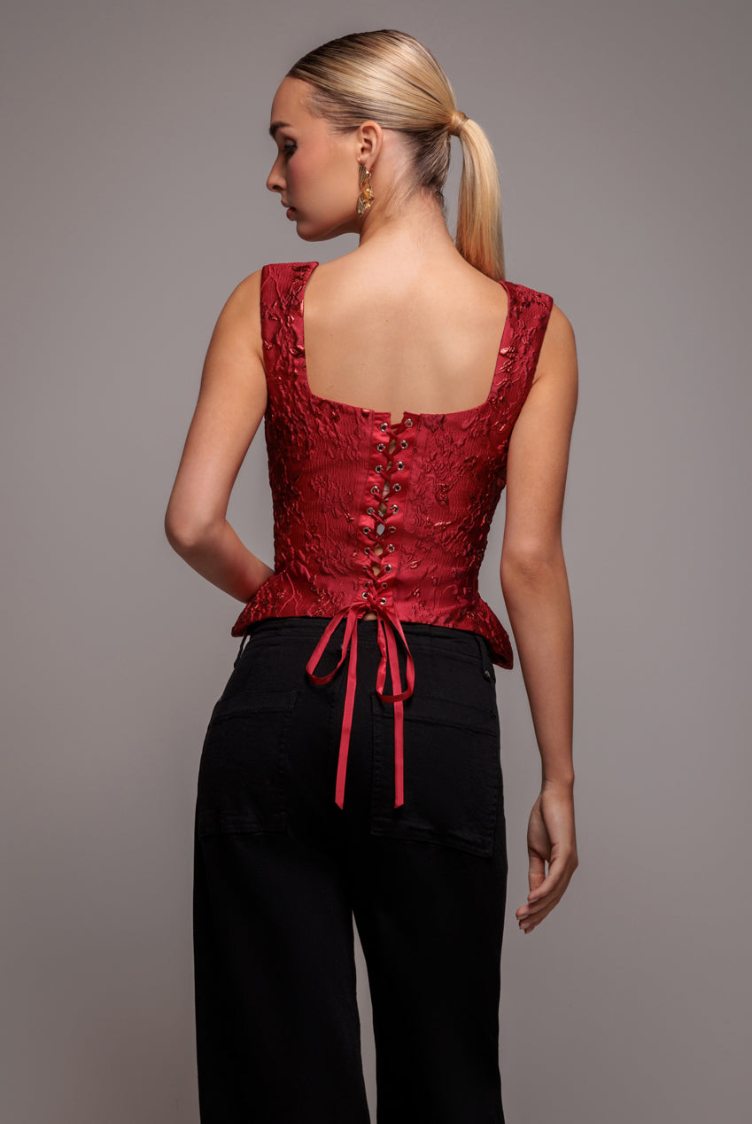 Sleeveless Jacquard Lace Up Back Corset - Red T265