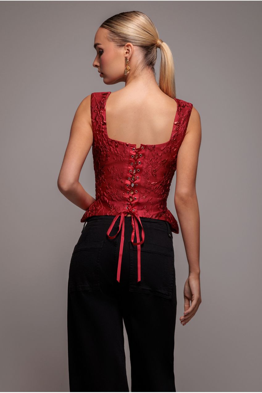 Sleeveless Jacquard Lace Up Back Corset - Red T265