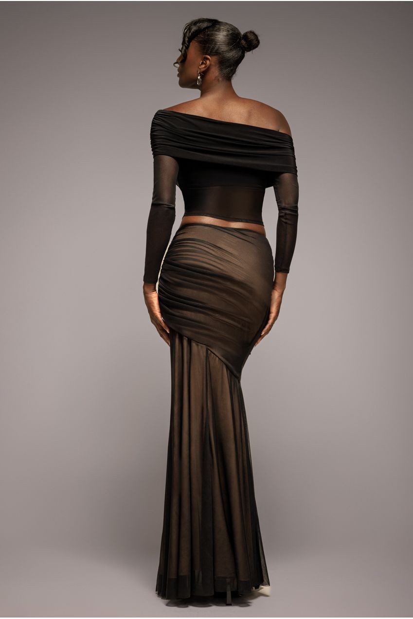 Mesh Gathered Mermaid Maxi Skirt - Black SK57