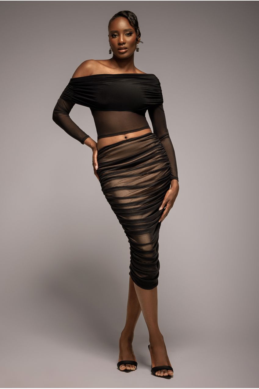 Gathered Side Mesh Midi Skirt - Black SK58