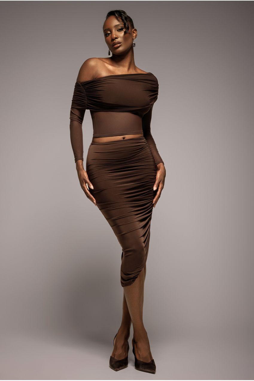 Side Gathered Asymmetric Midi Skirt - Brown SK63