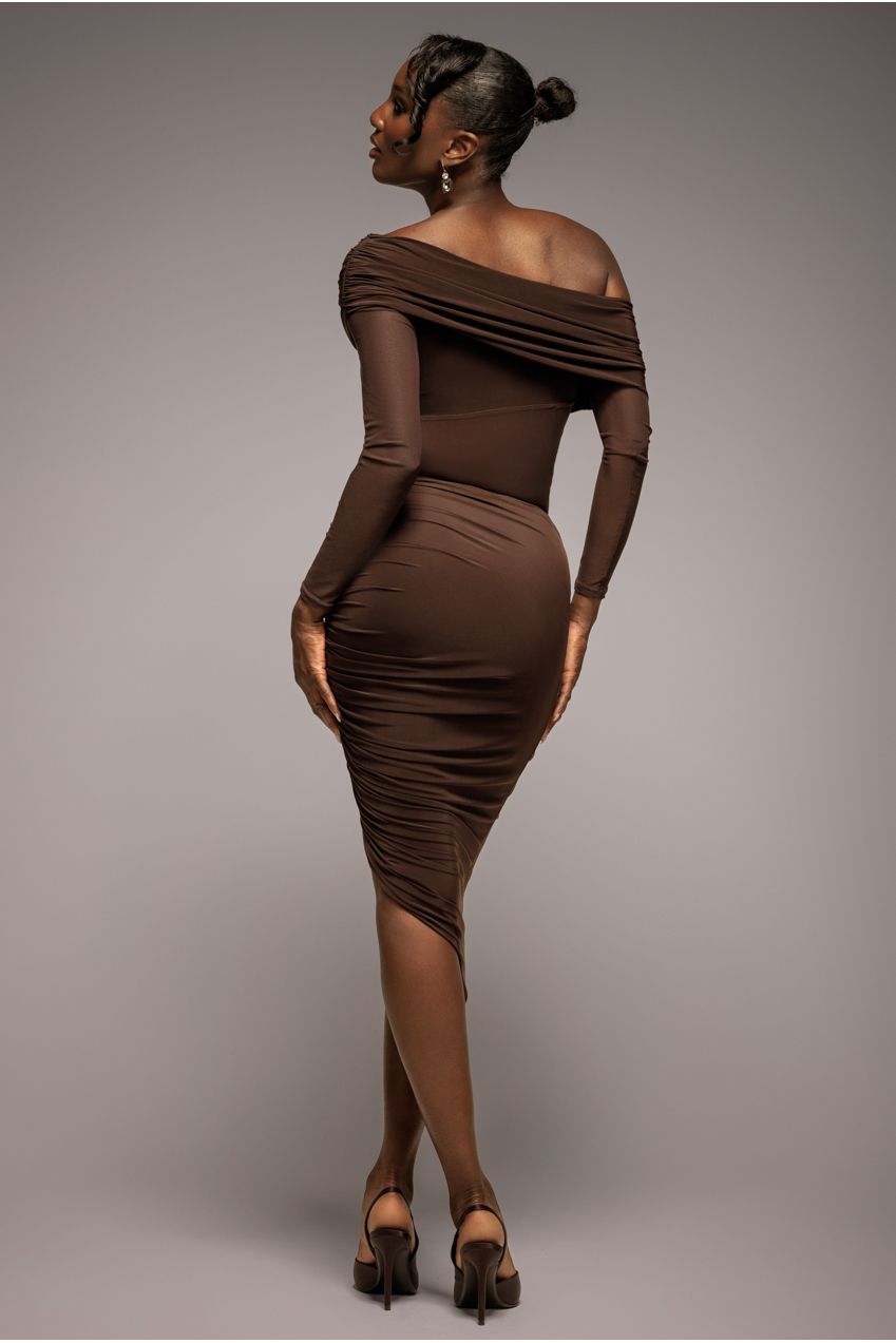Side Gathered Asymmetric Midi Skirt - Brown SK63