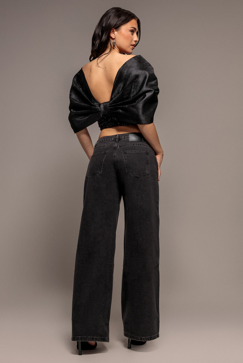 Off Shoulder Corset Top With Back Satin Bow - Black T276