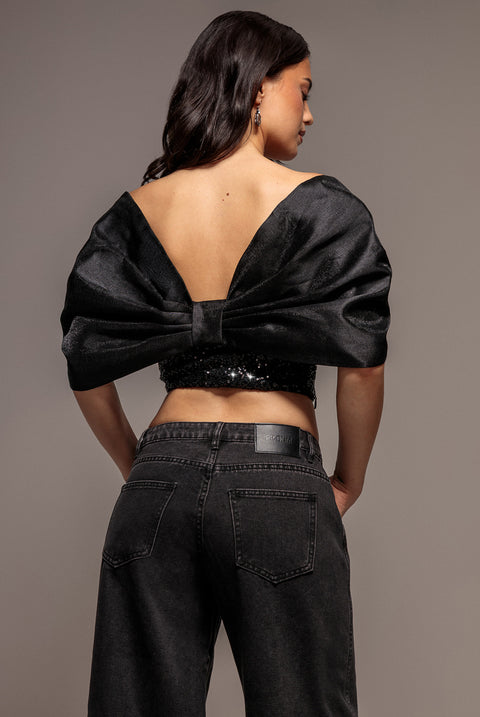 Off Shoulder Corset Top With Back Satin Bow - Black by Goddiva