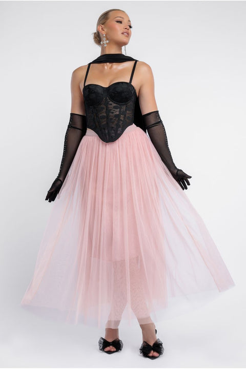 Textured Floral Mesh Corset Tulle Gathered Midaxi Skirt Jersey Scarf & Diamante Embellished Mesh Gloves by Goddiva