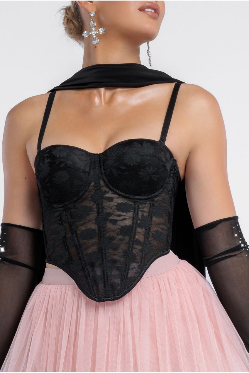 Textured Floral Mesh Corset Tulle Gathered Midaxi Skirt Jersey Scarf & Diamante Embellished Mesh Gloves LOOK20
