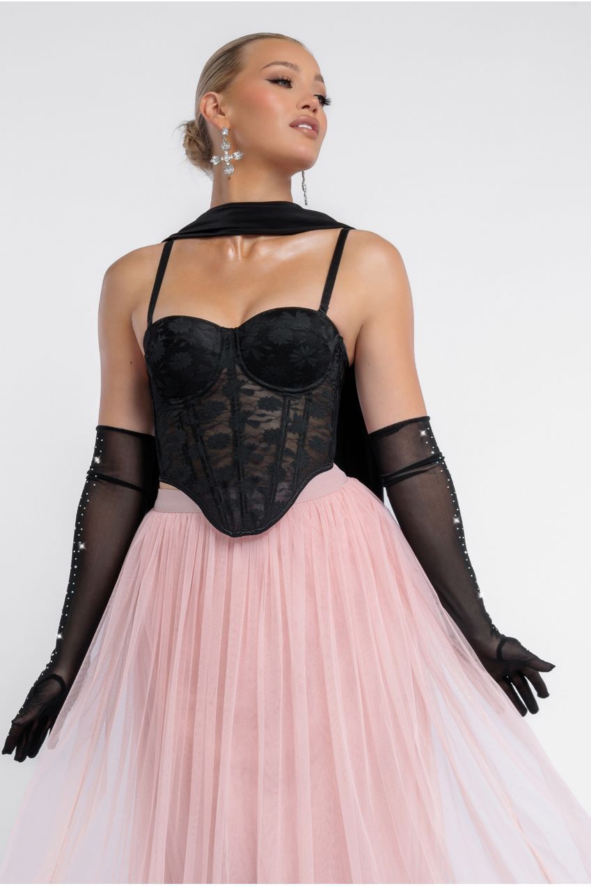 Textured Floral Mesh Corset Tulle Gathered Midaxi Skirt Jersey Scarf & Diamante Embellished Mesh Gloves LOOK20