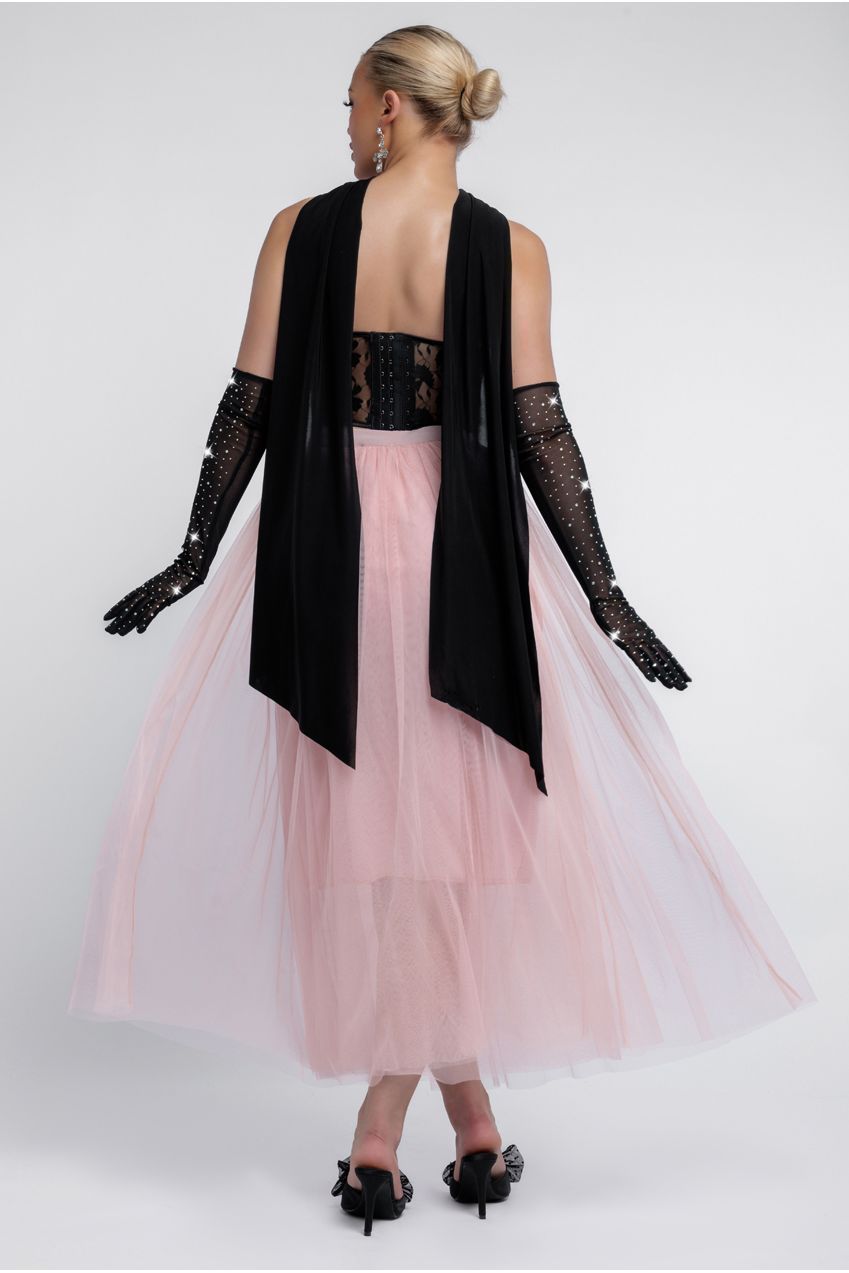 Textured Floral Mesh Corset Tulle Gathered Midaxi Skirt Jersey Scarf & Diamante Embellished Mesh Gloves LOOK20