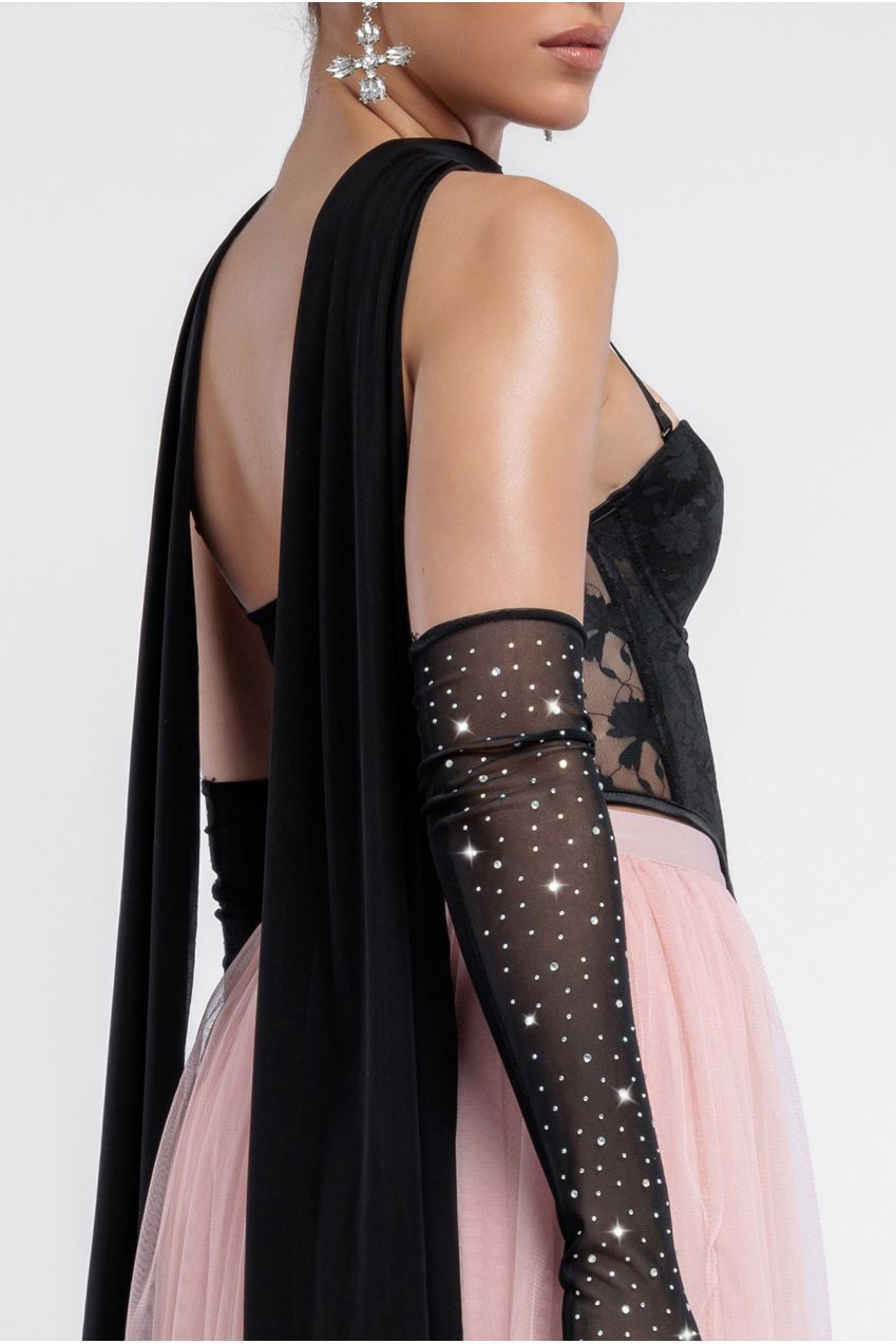 Textured Floral Mesh Corset Tulle Gathered Midaxi Skirt Jersey Scarf & Diamante Embellished Mesh Gloves LOOK20