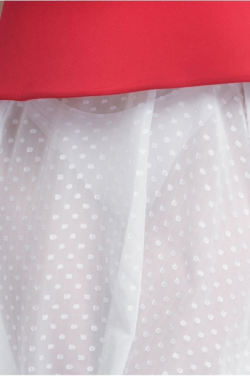 Scuba Boobtube Peplum Corset With Polka Dobby Chiffon A-Line Maxi Skirt With Scarf - Red & Cream LOOK12