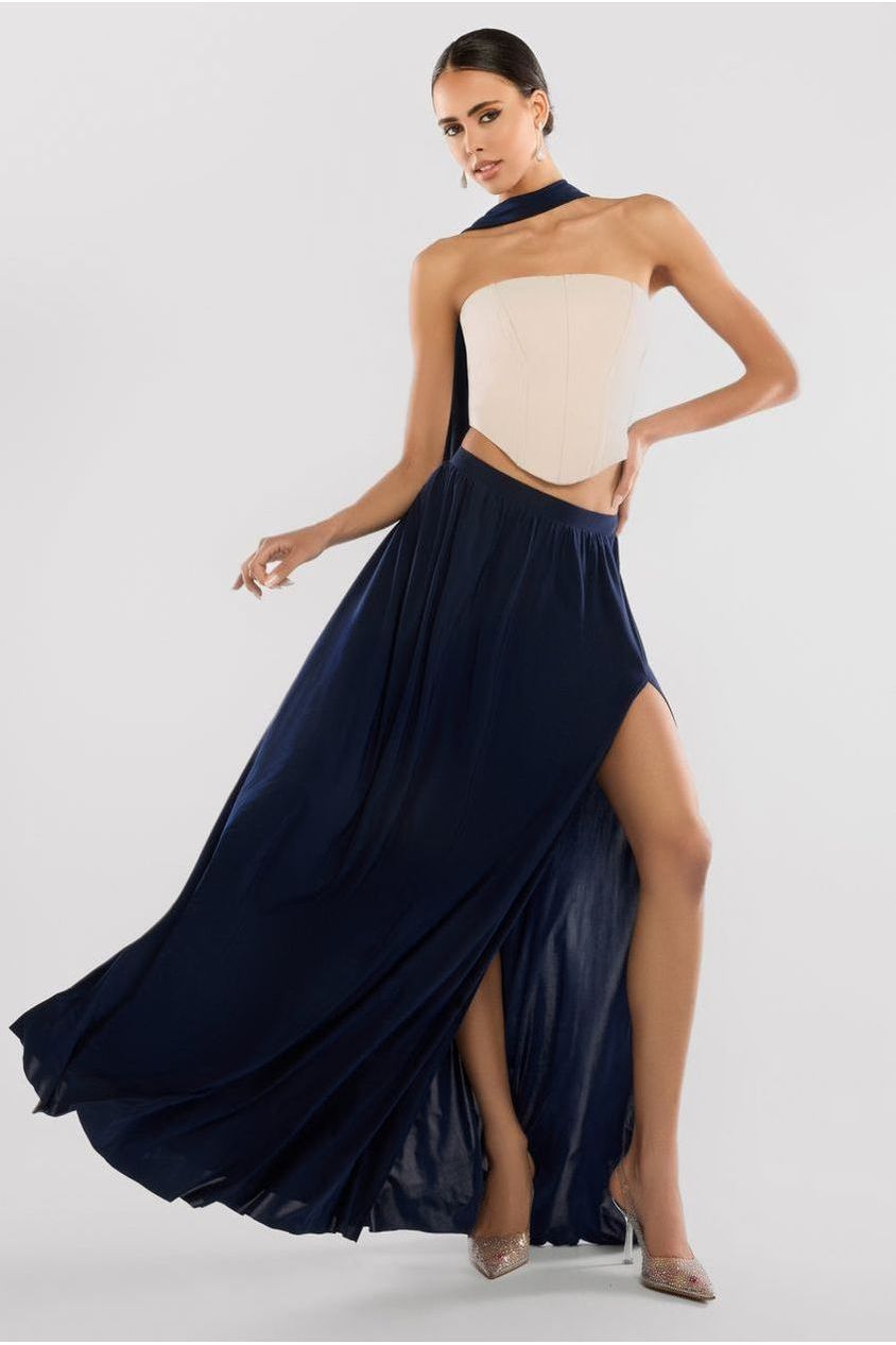 Compact Crepe Lace Up Corset With Side Split Jersey Maxi Skirt & Scarf - Beige & Navy Blue LOOK09