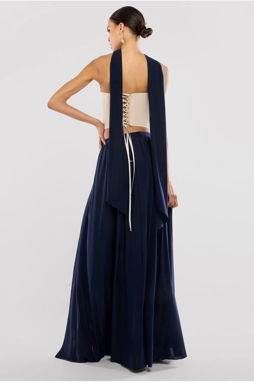 Compact Crepe Lace Up Corset With Side Split Jersey Maxi Skirt & Scarf - Beige & Navy Blue LOOK09