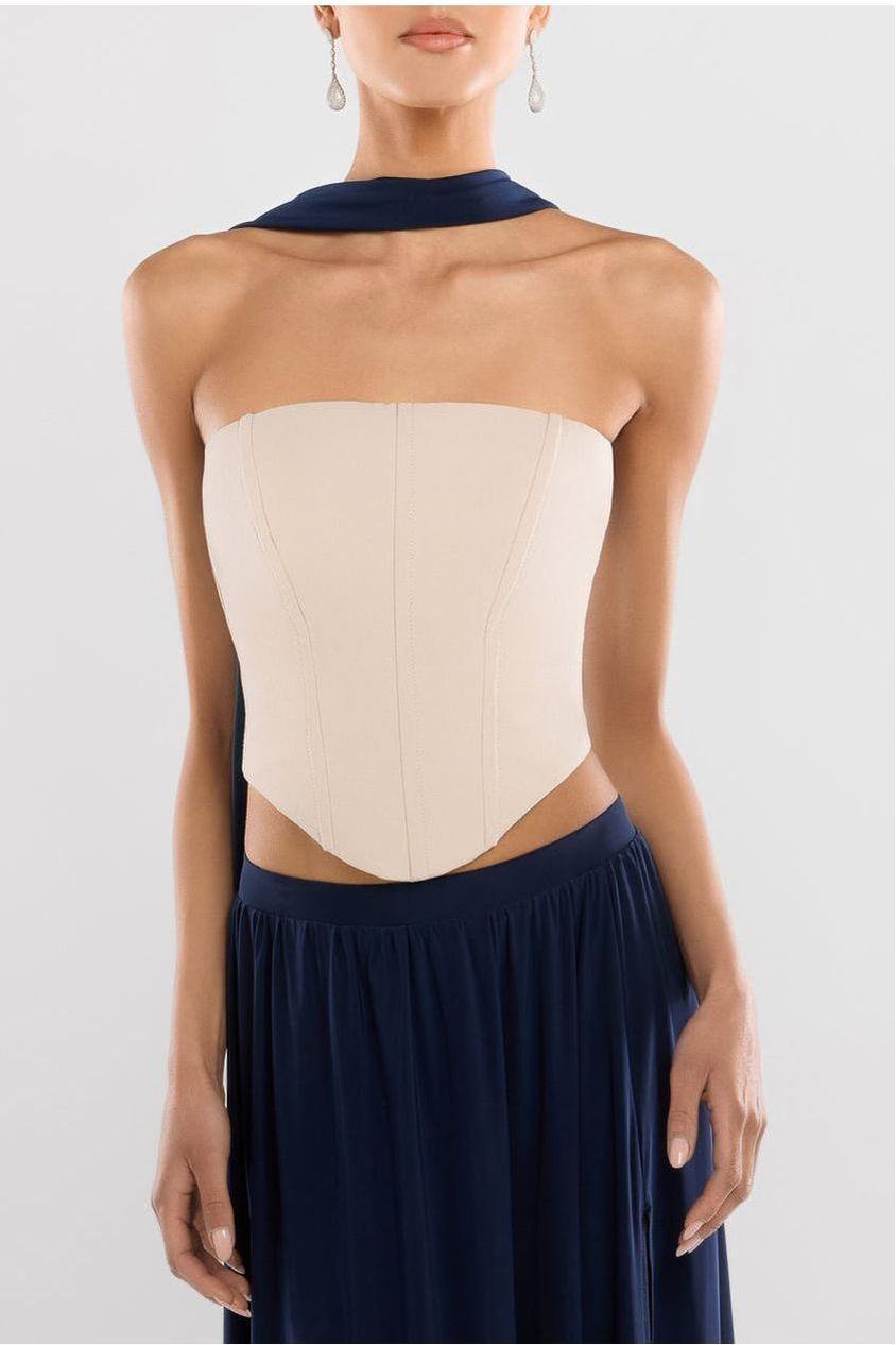 Compact Crepe Lace Up Corset With Side Split Jersey Maxi Skirt & Scarf - Beige & Navy Blue LOOK09