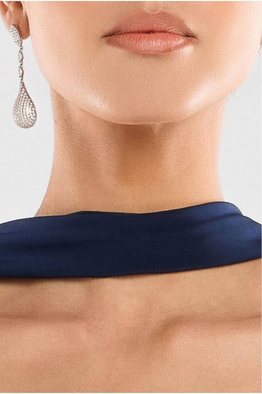 Compact Crepe Lace Up Corset With Side Split Jersey Maxi Skirt & Scarf - Beige & Navy Blue LOOK09