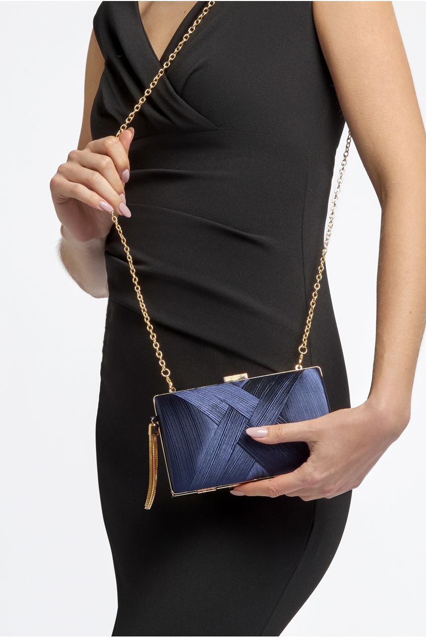 Navy Satin Clutch Bag With Tassels ALTL2934