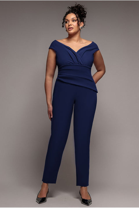 Bardot Scuba Jumpsuit - Navy Blue by Goddiva Plus