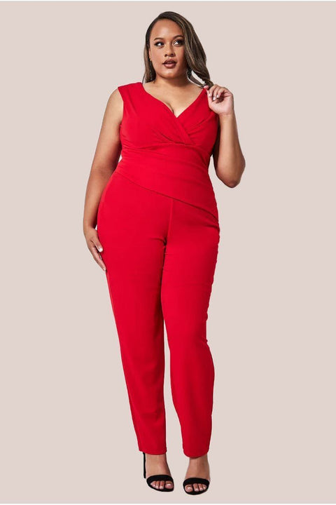 Bardot Scuba Jumpsuit - Red by Goddiva Plus