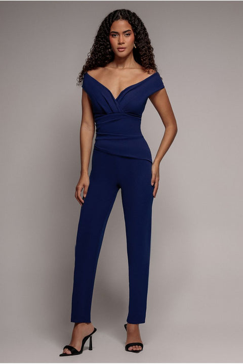Bardot Scuba Jumpsuit - Navy Blue by Goddiva