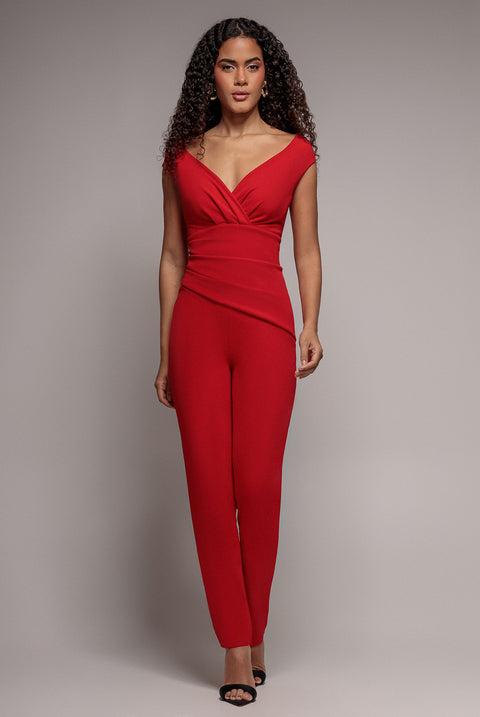 Bardot Scuba Jumpsuit - Red by Goddiva