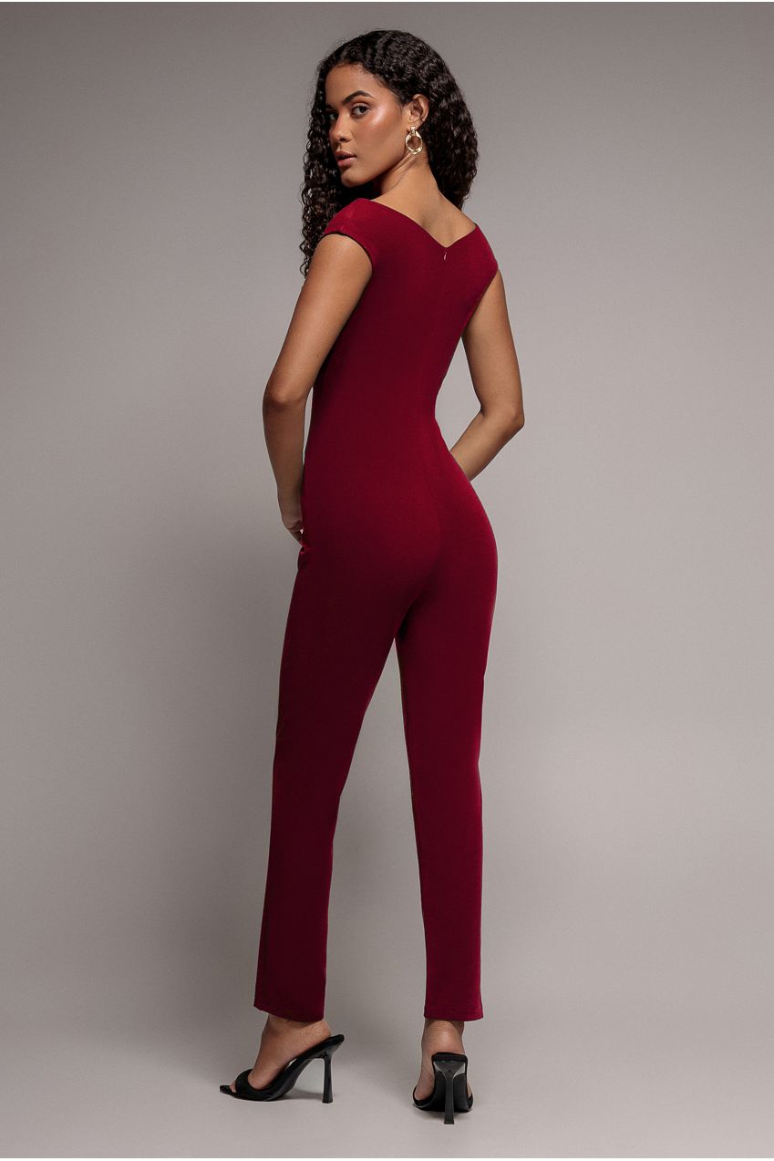 Scuba Crepe Wrap Bardot Jumpsuit - Wine TR113