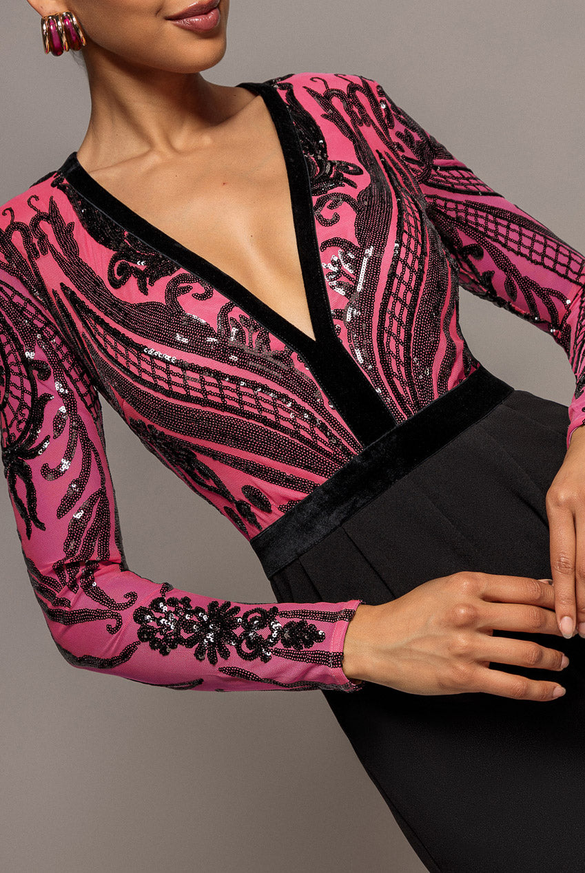 Deep V Neck Sequin Embroidered Jumpsuit - Cerise TR123