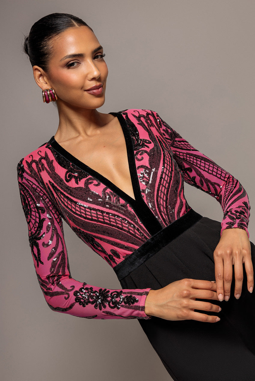 Deep V Neck Sequin Embroidered Jumpsuit - Cerise TR123