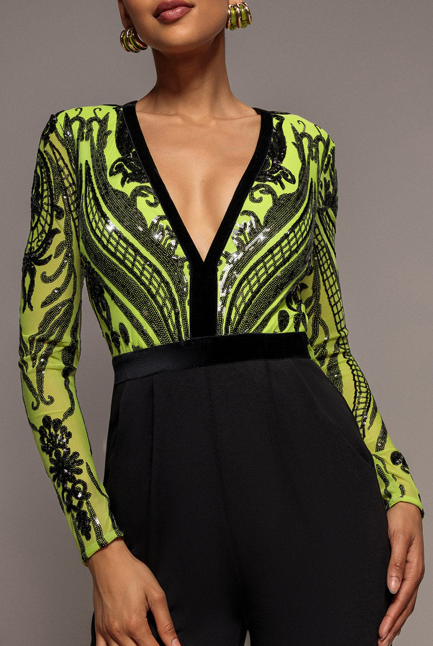 Deep V Neck Sequin Embroidered Jumpsuit - Lime TR123