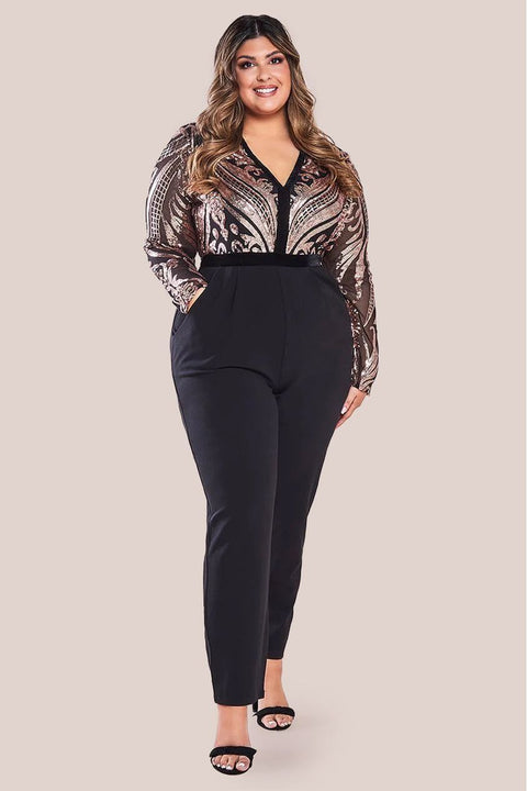 Deep V Neck Sequin Jumpsuit - Champagne by Goddiva Plus