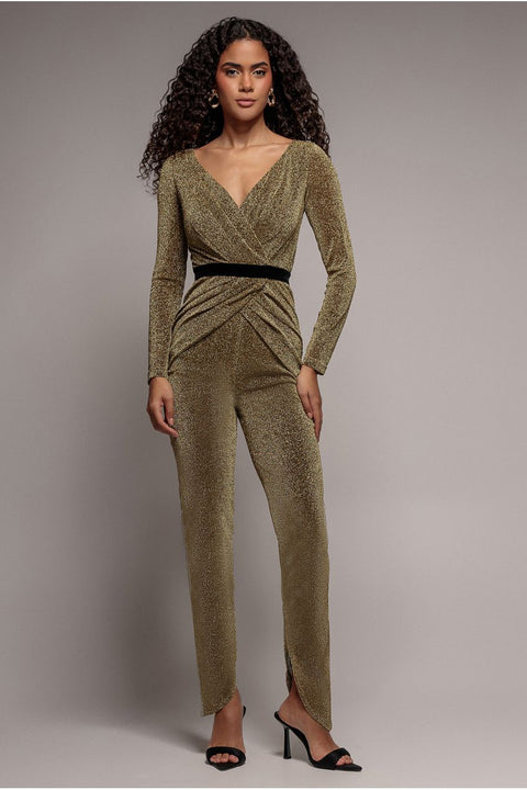 Lurex Wrap Bodice Jumpsuit - Gold by Goddiva