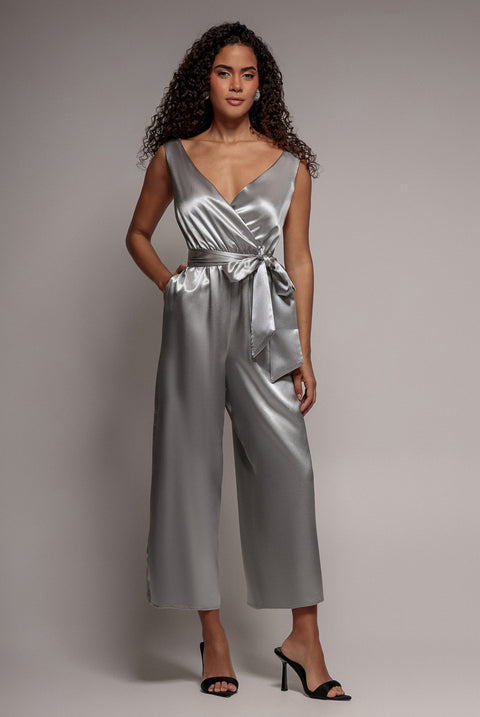 Satin Culotte Jumpsuit - Silver by Goddiva