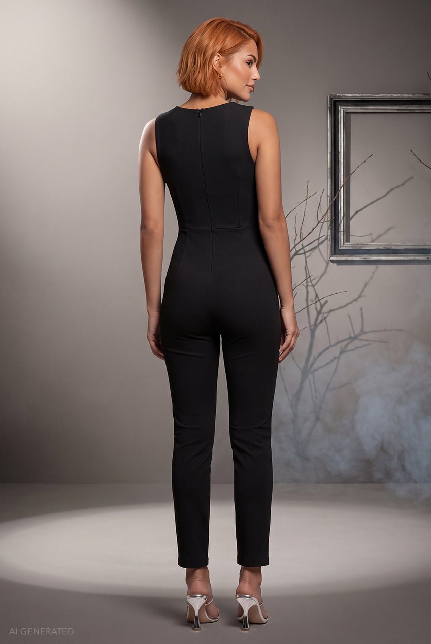Sleeveless V-Neck Jumpsuit Spy Agent Superhero-Inspired Halloween Costume - Black TR248VP-HAL