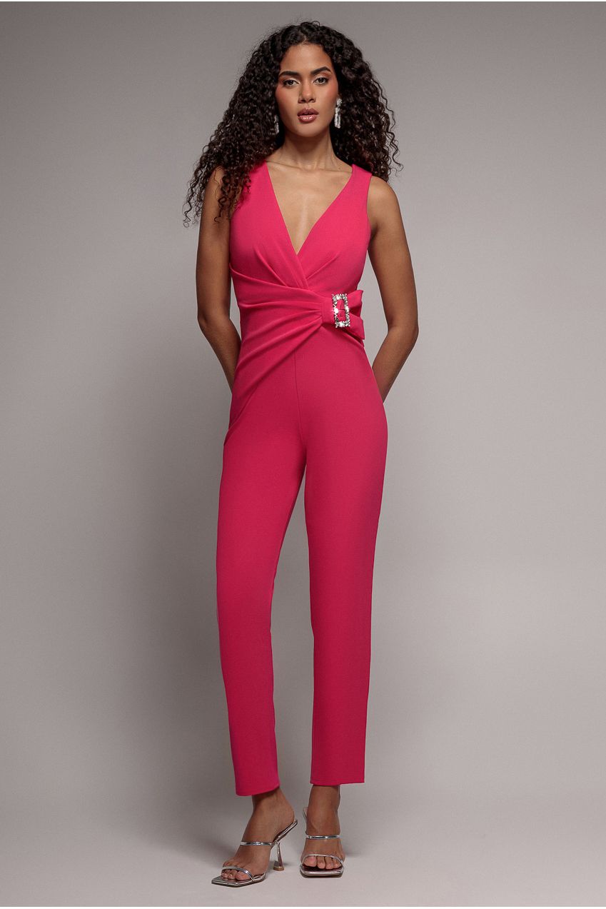 Buckle Plunge Bow Detail Jumpsuit - Cerise TR248VP
