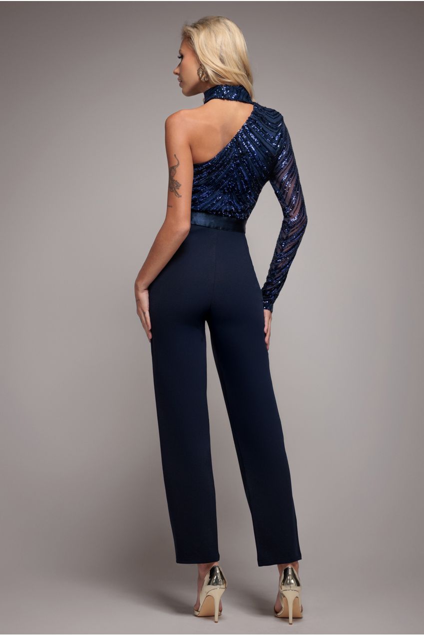 One Shoulder Sequin Jumpsuit - Navy TR293