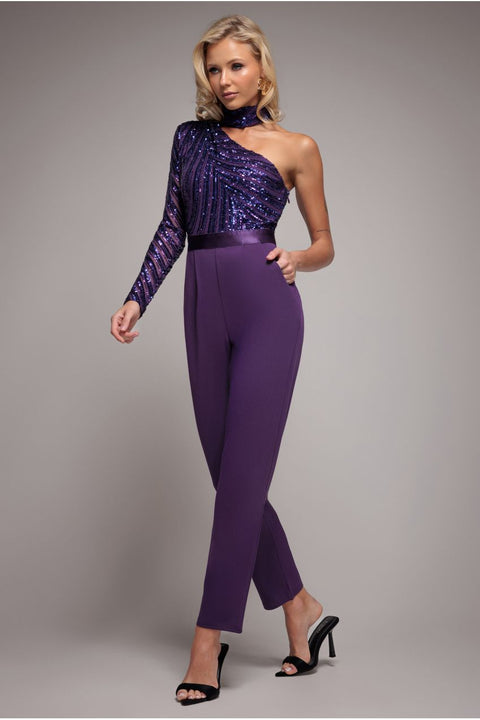 One Shoulder Sequin Jumpsuit - Purple by Goddiva