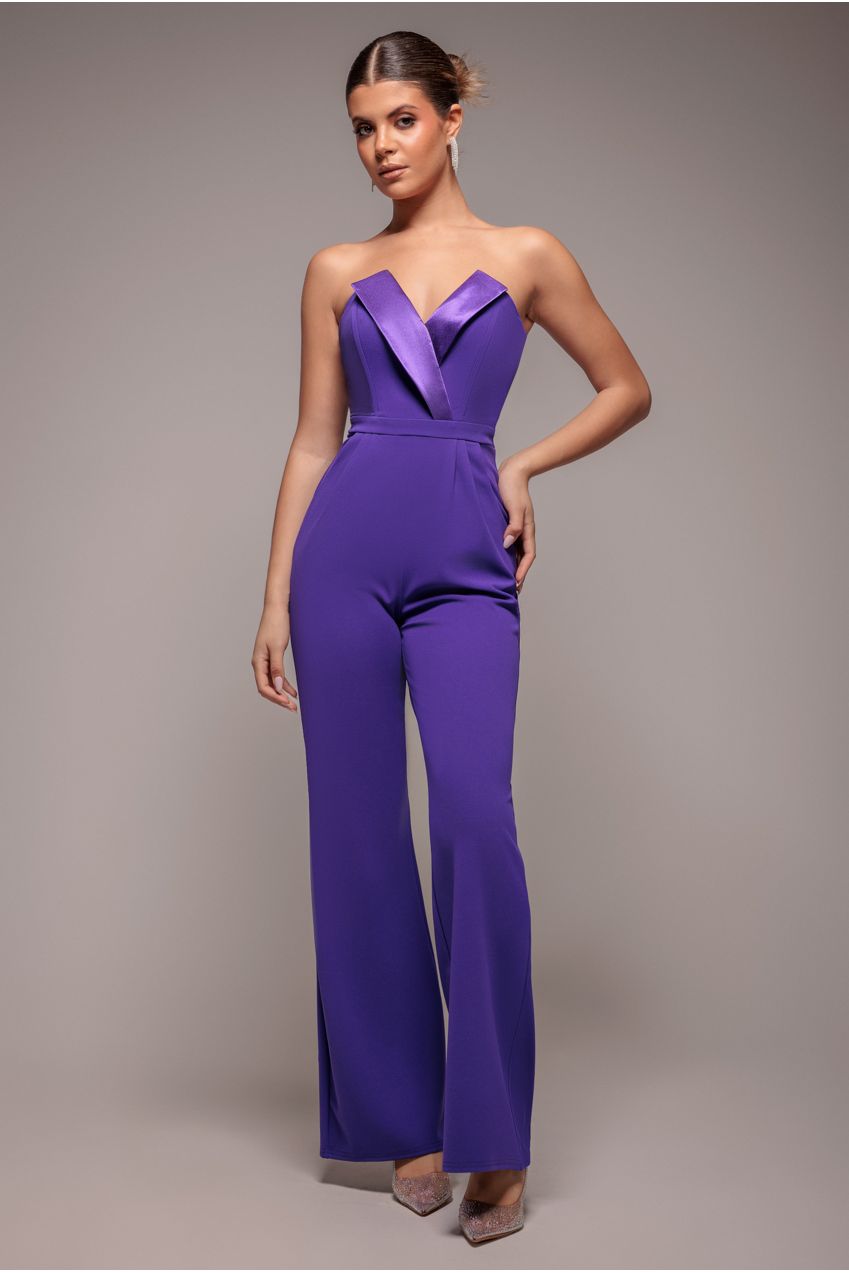 Satin Collar Scuba Jumpsuit - Purple TR299
