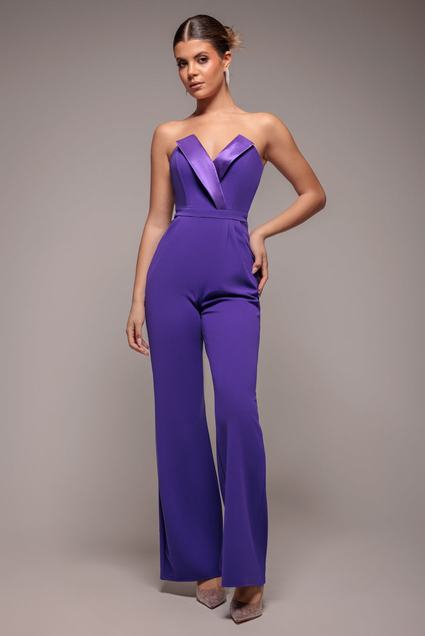 Satin Collar Scuba Jumpsuit - Purple TR299
