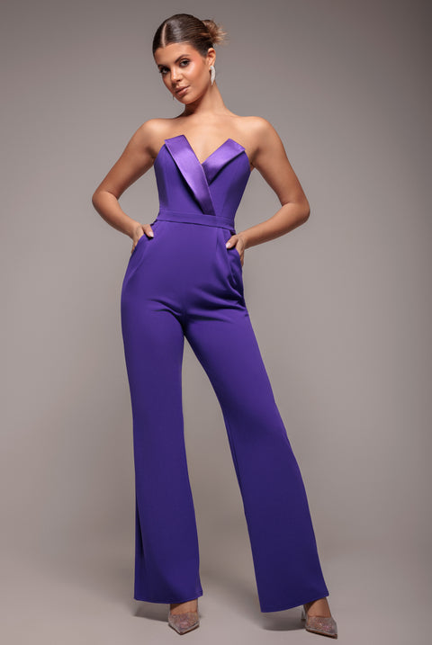 Satin Collar Scuba Jumpsuit - Purple by Goddiva