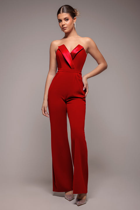 Satin Collar Scuba Jumpsuit - Red by Goddiva