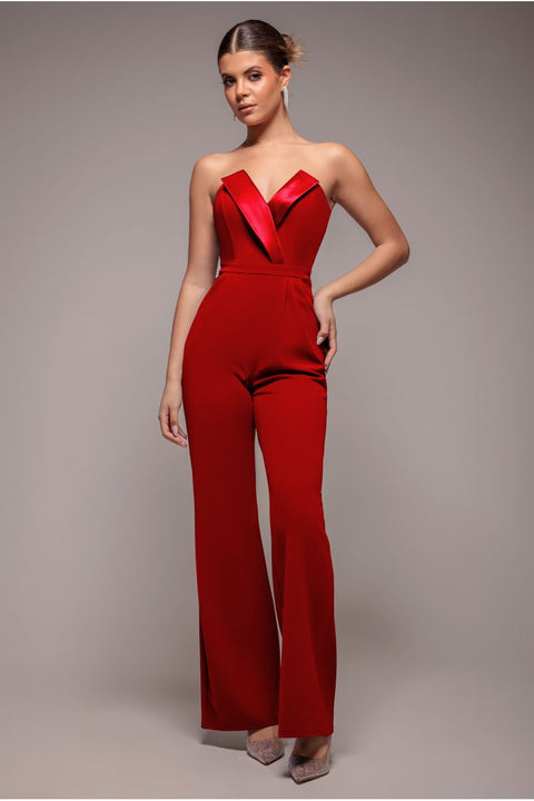 Satin Collar Scuba Jumpsuit - Red by Goddiva