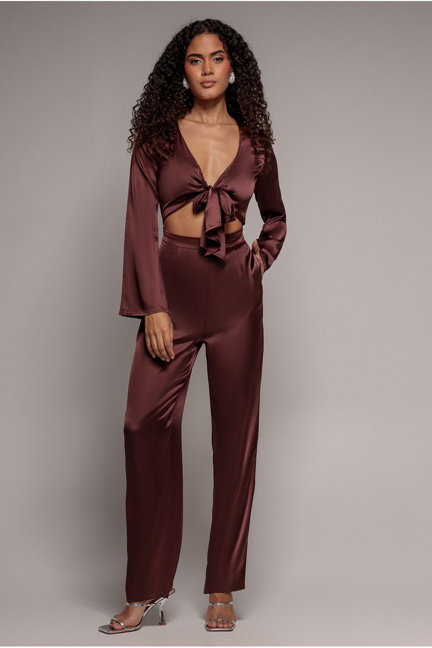 Cut Out Satin Jumpsuit - Brown TR309