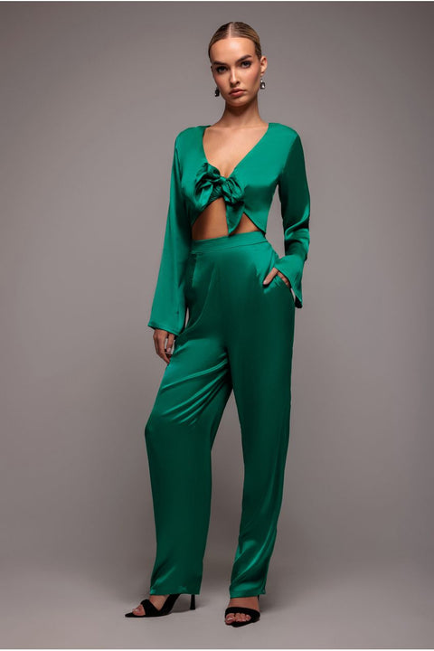 Cut Out Satin Jumpsuit - Emerald by Goddiva