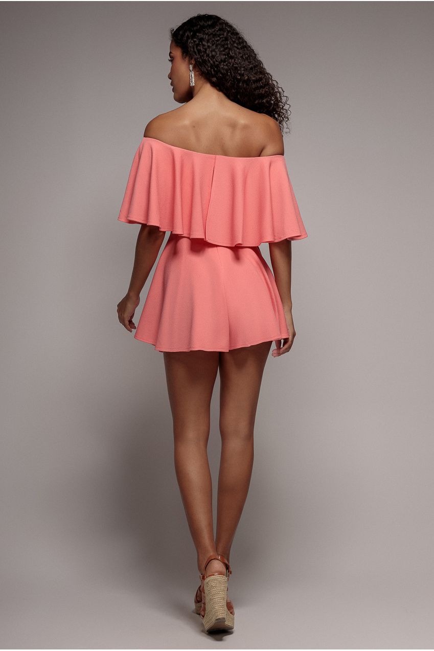 Off The Shoulder Frill Neck Skater Playsuit - Coral TR30B