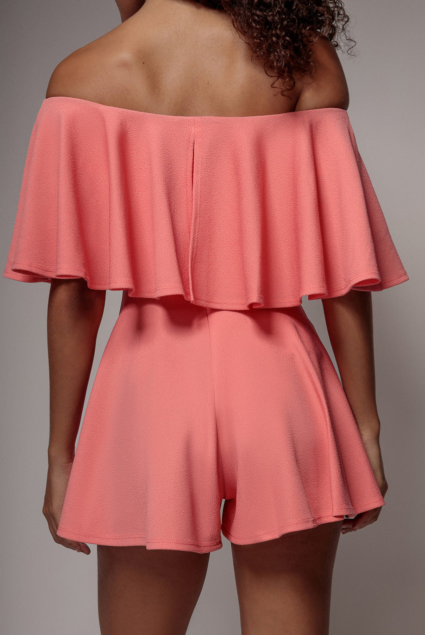 Off The Shoulder Frill Neck Skater Playsuit - Coral TR30B