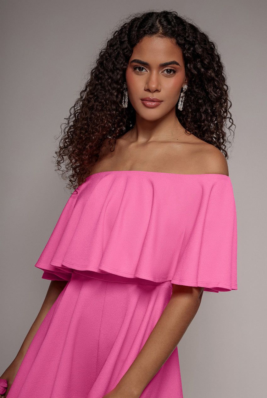 Off The Shoulder Frill Neck Skater Playsuit - Cerise TR30B